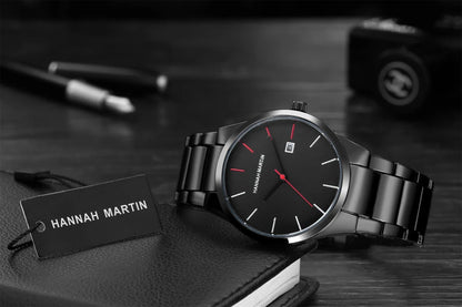 Hannah Martin men’s watch, stainless steel case, quartz movement, 41 mm dial, business style, with calendar display (imitation)