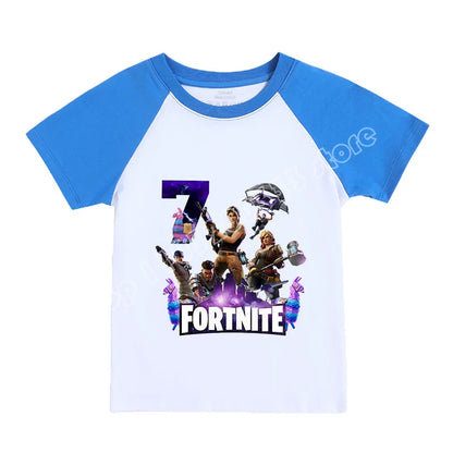T-shirt infantil Fortnite Números 0-9, estampado cartoon de jogo, algodão puro, manga curta, top desportivo casual para menino e menina, presente de vestuário