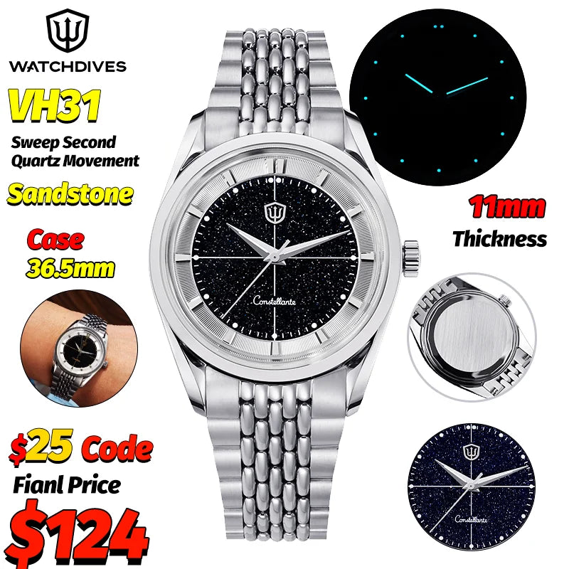 Watchdives WD1954 Classic Black Quartz Watch 36Mm Sandstone Dial VH31 Watch Luminous Waterproof Brushing 316L Steel Luxury Watch