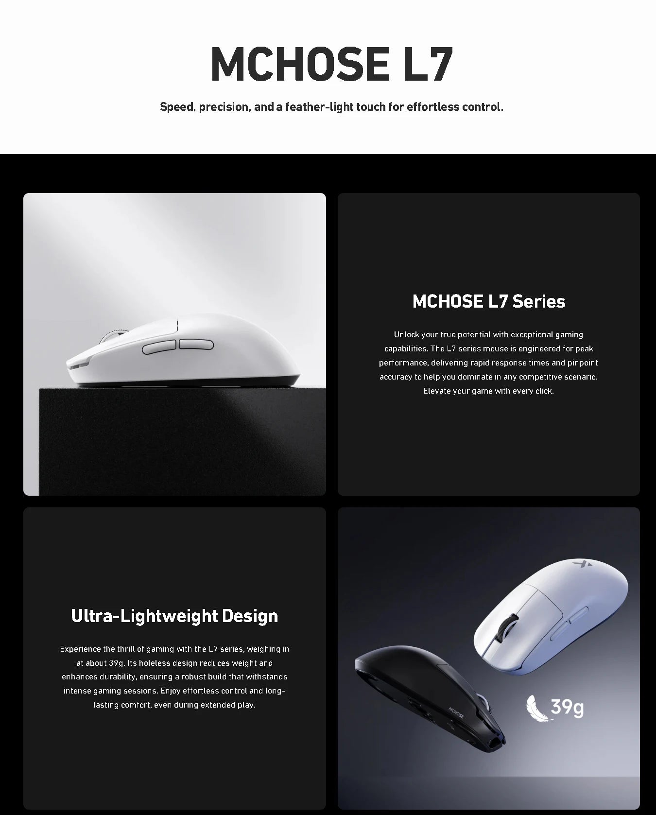 Official MCHOSE L7 Pro Wireless Gaming Mouse PAW3395 E-Sport Sensor Optical Switch TOPSPEED 8K Polling Rate 39g 250mAh Mice