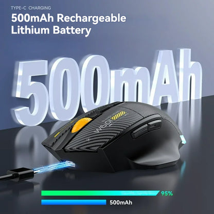 Mouse gaming tri-mode 12800DPI 2.4G Wireless Bluetooth cablato in fibra di carbonio, pulsante silenzioso, programmazione macro, 500mAh, 7 tasti