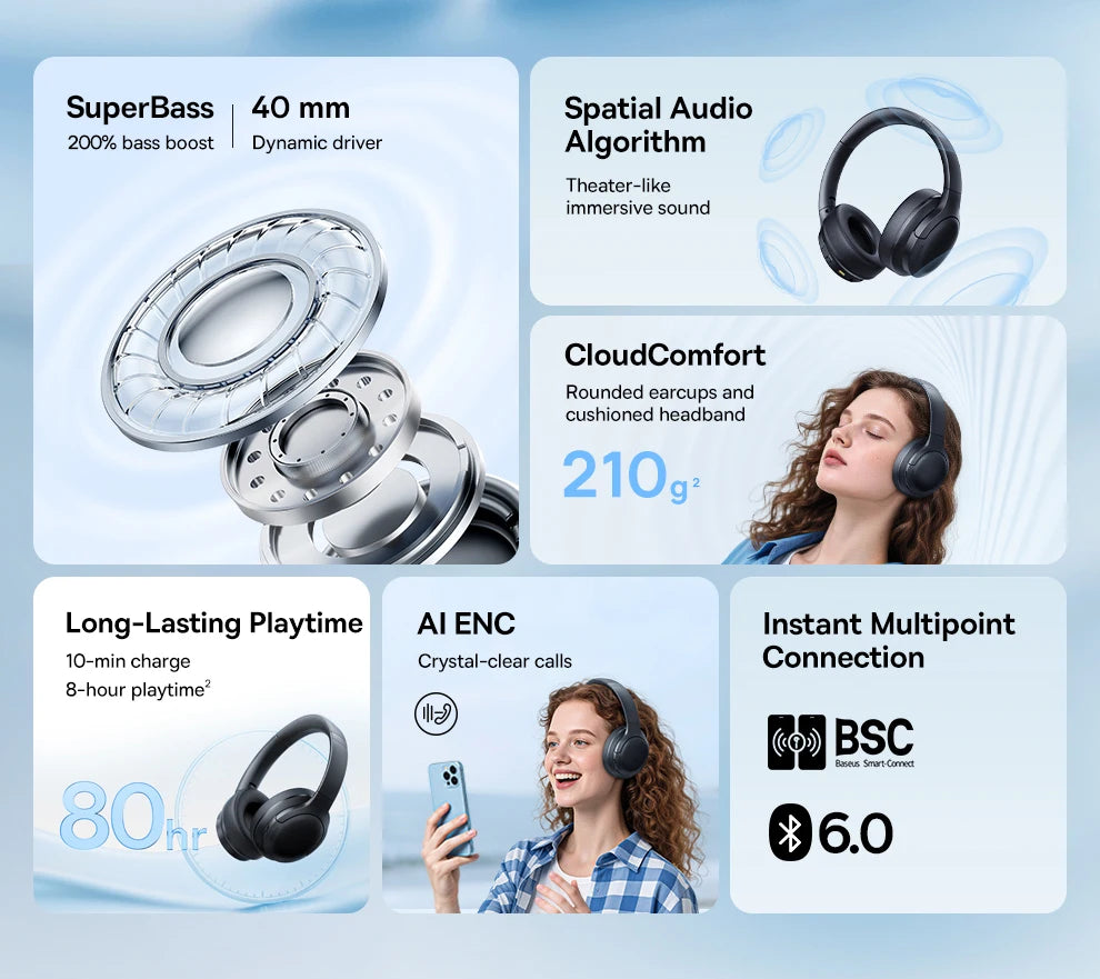 Baseus kabellose Bluetooth 5.3 Over-Ear-Kopfhörer – HiFi-40mm-Treiber, faltbares Headset mit 70H Wiedergabezeit und Spatial Audio