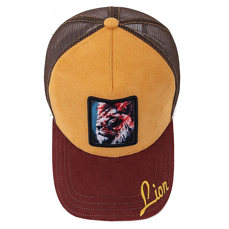 Gorra de malla unisex con parche con diseño de león, de ante, para mujer y hombre, gorra de béisbol de verano con motivos animales, gorra de camionero de moda