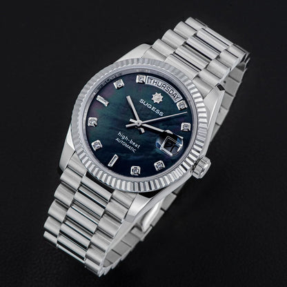 Sugess 36mm Mens of Watch Automatic Dandong Peacock SL3034 Day Movement Sapphire Glass 100m Waterproof Wristwatches MOP Date New