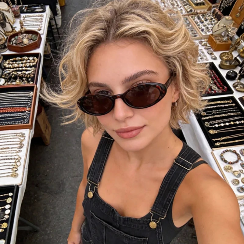 2PCS Plastic Small Frame Oval Classic Decorative Fashion Sunglasses For Outdoor Travel Driving Seaside Holidays