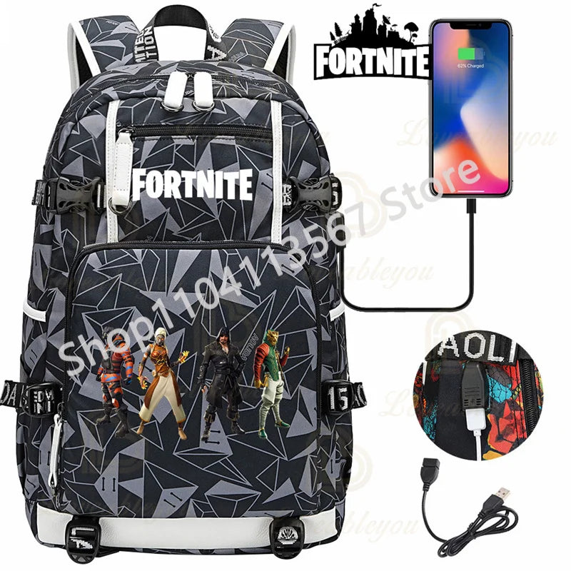 Red Jade F-Fortnited Battle Royale Backpack with USB Charging Anime Figures Study Stationery Compartment for Students Mochila