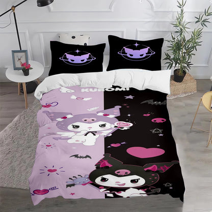 Ensemble de literie Kuromi : housse de couette et taie d'oreiller mignonnes, pour chambre d'enfant (garçon ou fille), décoration de chambre, cadeau pour enfants, taille simple, double ou grande