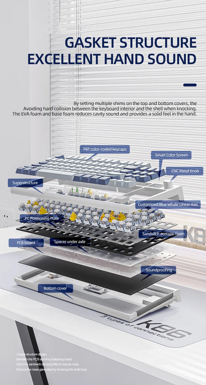 ATTACK SHARK K86 Mechanical Keyboard with Metal Knob, TFT Smart Color Screen, 87-key Layout, RGB Lighting, and Three-mode Connection