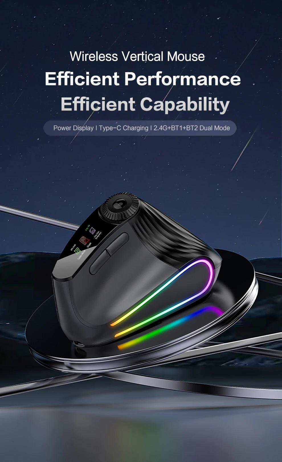 Backlit Wireless Ergonomic Mouse with Smart Flying Scroll, Function Adjustment Knob, Bluetooth & 2.4G Rechargeable Gaming Mouse