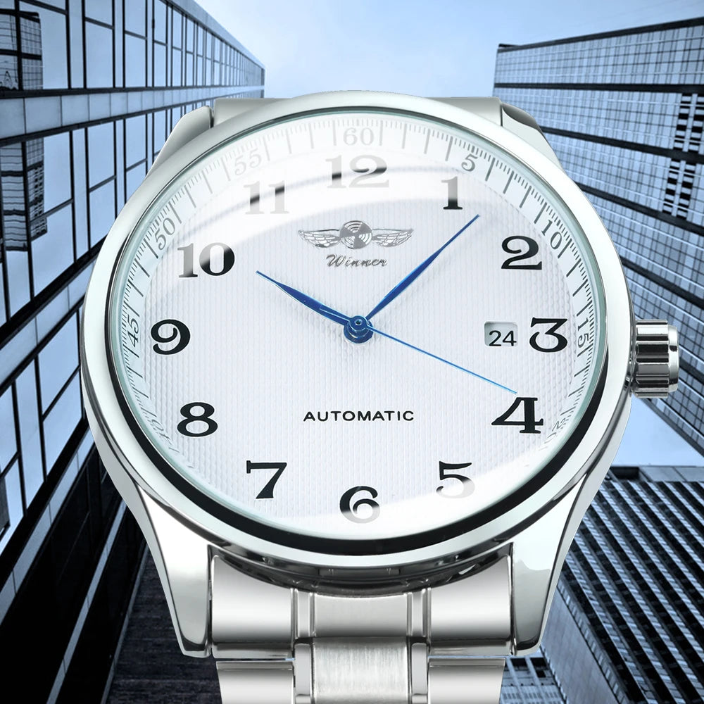 Montre classique pour homme – Style rétro avec calendrier et aiguilles bleues, mouvement mécanique automatique, marque de prestige, boîtier en acier et bracelet en cuir