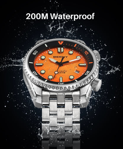 BERNY Diver Automatic Watches Men's Luxury Sapphire 316L Stainless Steel Mechanical Watch 42MM 200M Waterproof Diving Men's Watch