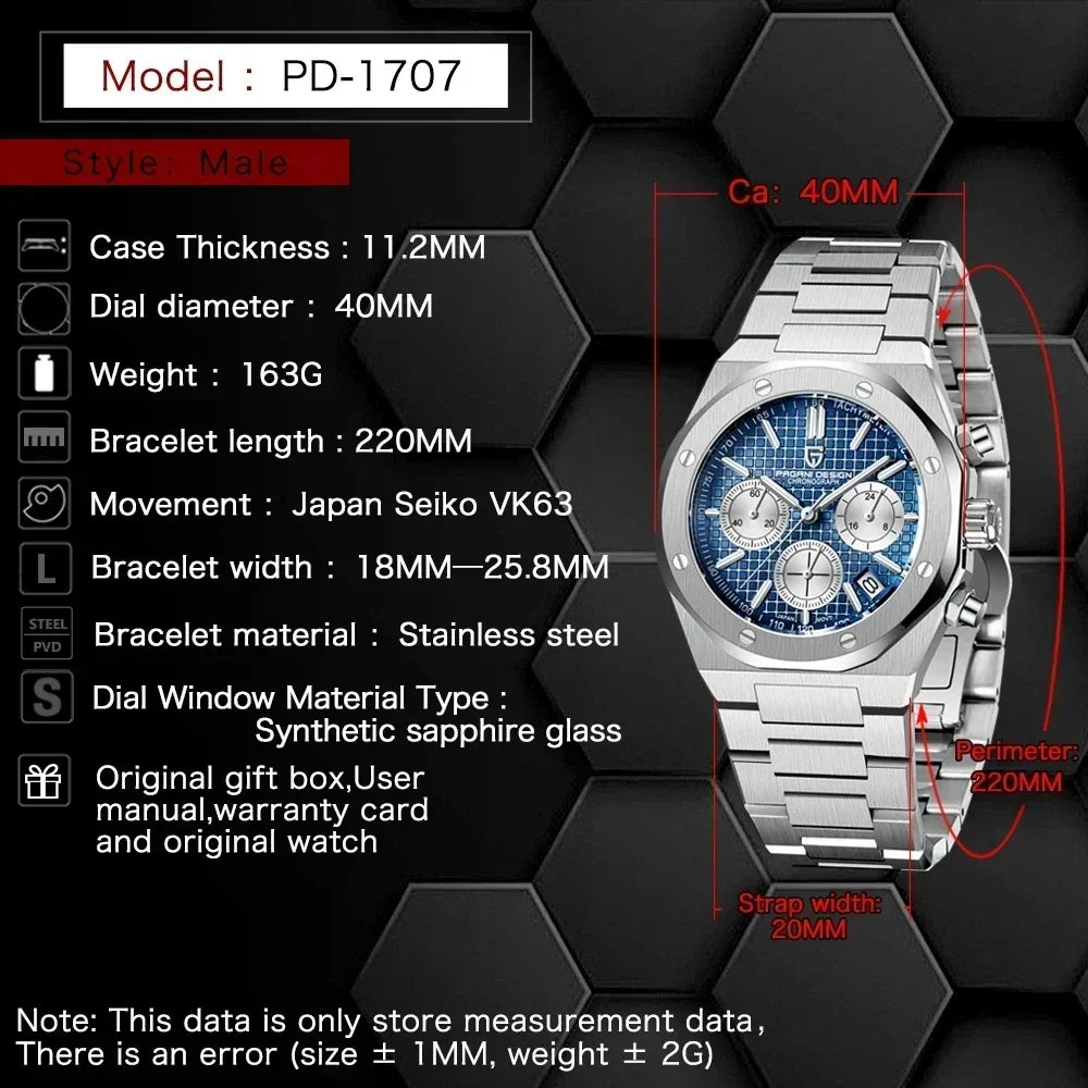 Pagani Design 2026 New VK63 Men's Business Quartz Watch Sapphire Stainless Steel 20Bar Waterproof Sports Chronometer Code Watch