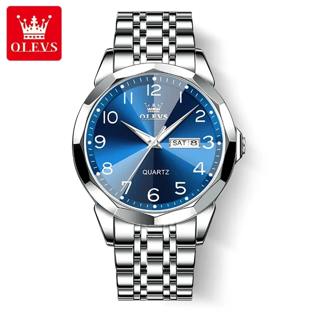 Relógio de homem OLEVS 9970 – Modelo elegante com mostrador digital, indicação da data e do dia, resistente à água, luminescente, de quartzo – Relógio de luxo original