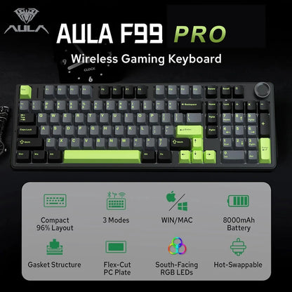 Tastiera meccanica gaming AULA F99PRO 99 tasti, tri-mode wireless, hot-swappable, struttura gasket, tastiera personalizzabile con manopola multimediale