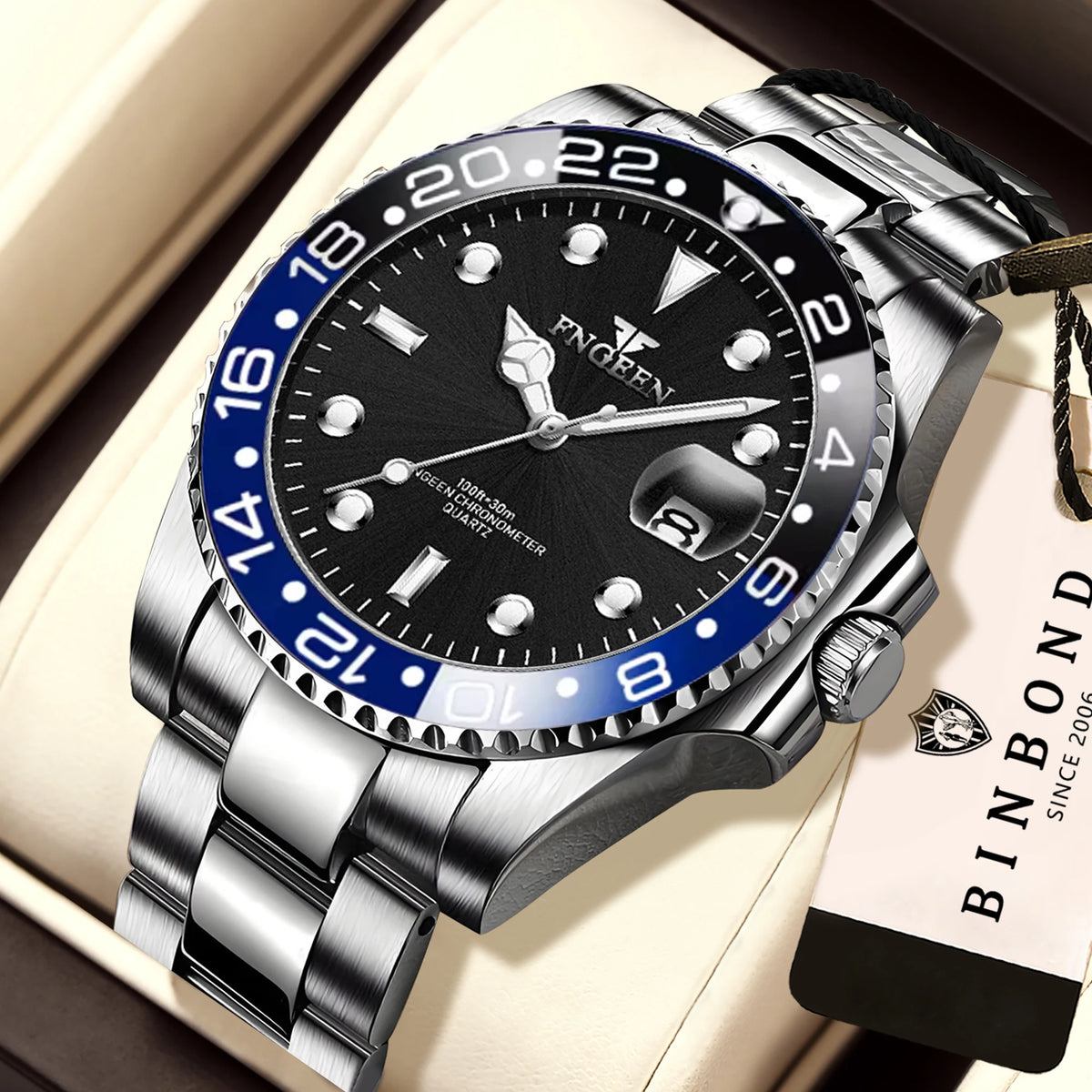 Relógio de pulso de quartzo FNGEEN Son Brand da BINBOND com bracelete em aço inoxidável para homem, luminoso e estanque, de luxo.