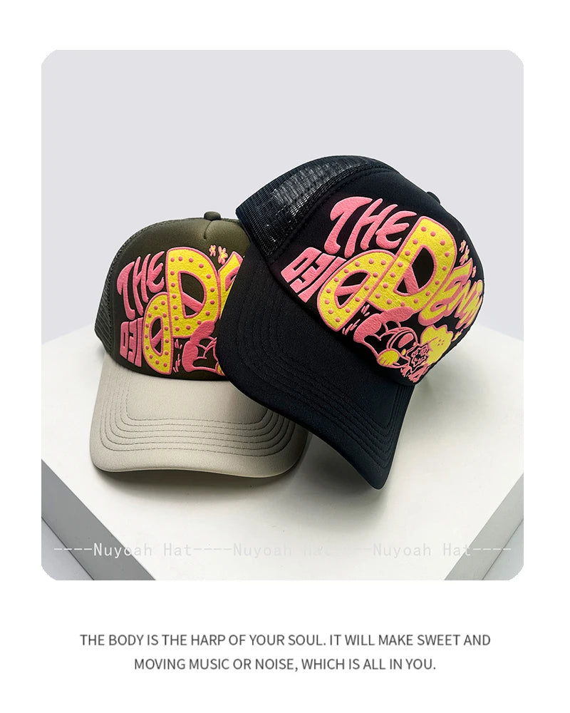 Casquettes de baseball unisexes originales imprimées en 3D avec lettres, casquettes de camionneur respirantes à motifs colorés et à visière pare-soleil, en maille polyvalente