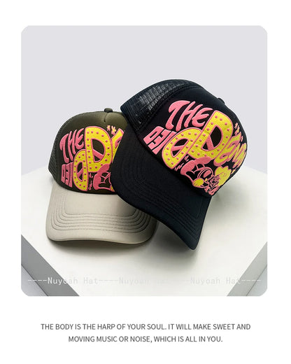 Casquettes de baseball unisexes originales imprimées en 3D avec lettres, casquettes de camionneur respirantes à motifs colorés et à visière pare-soleil, en maille polyvalente