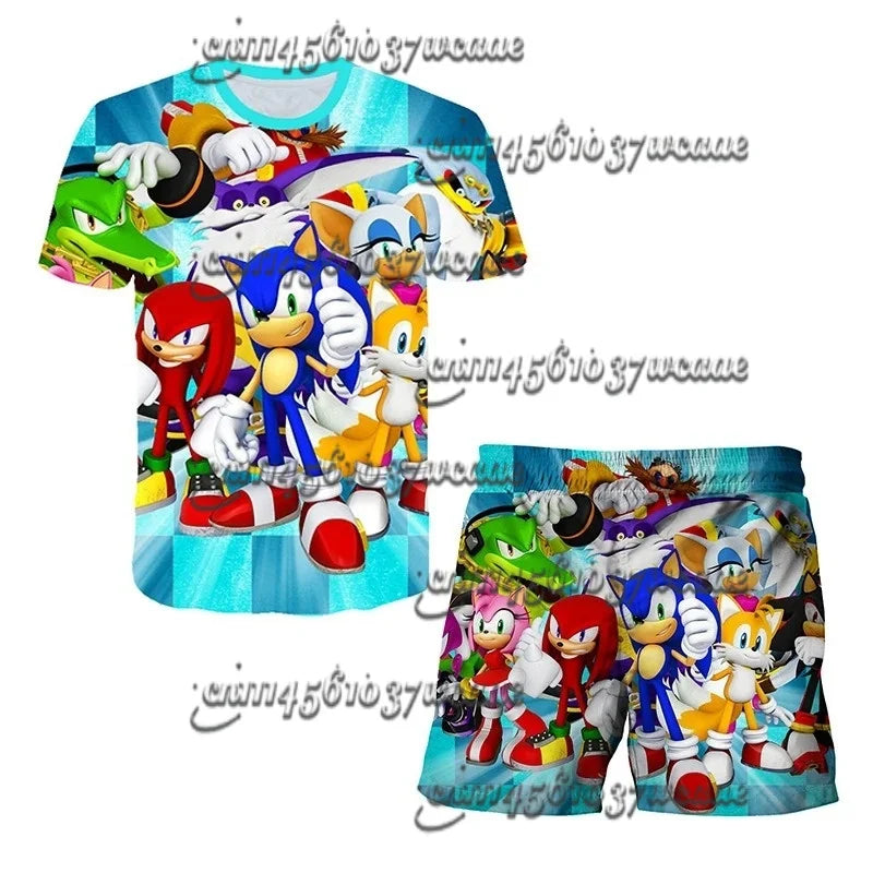 Bandai Animation Game Sonic Character Series T-shirt Set COS Universal Summer Oversized Short Sleeve Shorts New FamilyMatching