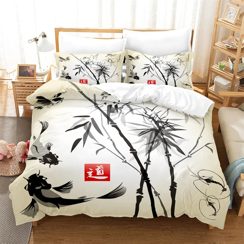 Bambukuvioinen pussilakanasetti, kiinalaistyylinen vuodevaatesetti, nuorten pellavasetti, Queen Size -kokoinen peitonpäällissetti, muodikas vuodevaatesetti