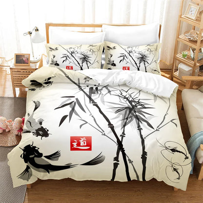 Bambukuvioinen pussilakanasetti, kiinalaistyylinen vuodevaatesetti, nuorten pellavasetti, Queen Size -kokoinen peitonpäällissetti, muodikas vuodevaatesetti