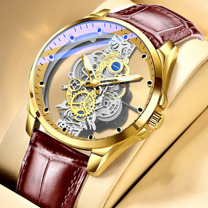 Trendy men’s watch, dual-opening model, luxury gold-tone style, imitation mechanical tourbillon, quartz movement.