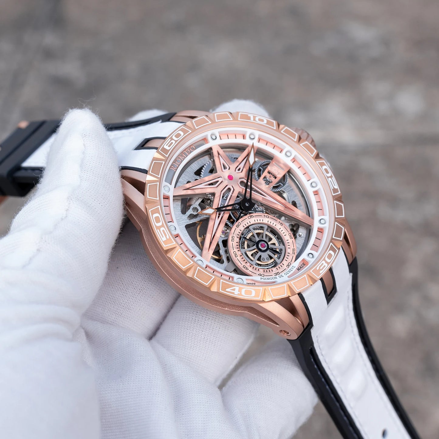 OBLVLO Mens Luxury Machinery Skeleton Dial Mechanical Automatic Watch Analog White Rubber Band Military Watch RD-901