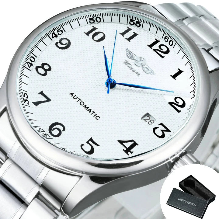 Montre classique pour homme – Style rétro avec calendrier et aiguilles bleues, mouvement mécanique automatique, marque de prestige, boîtier en acier et bracelet en cuir