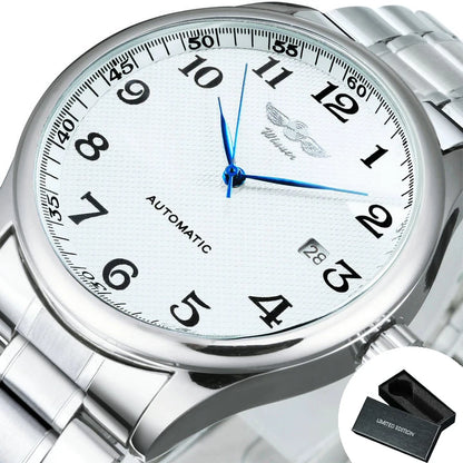Montre classique pour homme – Style rétro avec calendrier et aiguilles bleues, mouvement mécanique automatique, marque de prestige, boîtier en acier et bracelet en cuir