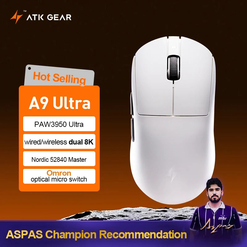 Безжична геймърска мишка ATK Dragonfly A9 Ultimate A9 Air PAW3950, ултралека ергономична e-sports мишка за FPS геймъри, CSGO A9 Ultra