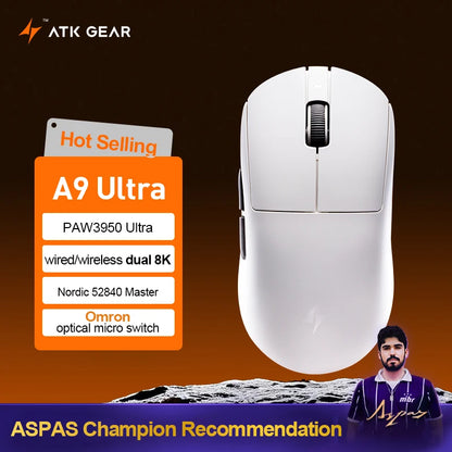 Безжична геймърска мишка ATK Dragonfly A9 Ultimate A9 Air PAW3950, ултралека ергономична e-sports мишка за FPS геймъри, CSGO A9 Ultra