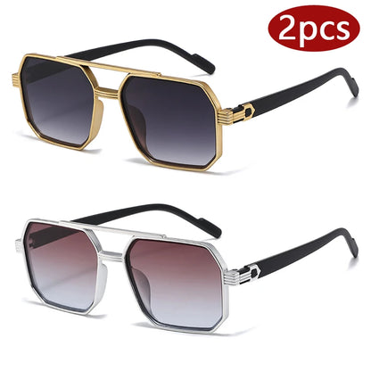 2pcs Trendy Metal Polygonal Pilot Women Sunglasses Luxury Double Beam Men Sunglass Outdoor Driving Shade Sunglasses Unisex UV400