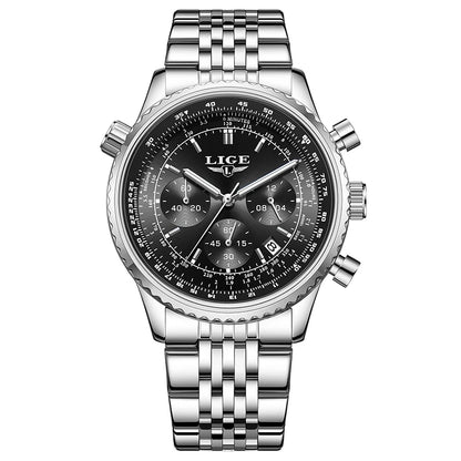 LIGE luxury men’s watch – Chronograph with date, stainless steel, water-resistant, luminescent, sporty and military style, men’s quartz watch