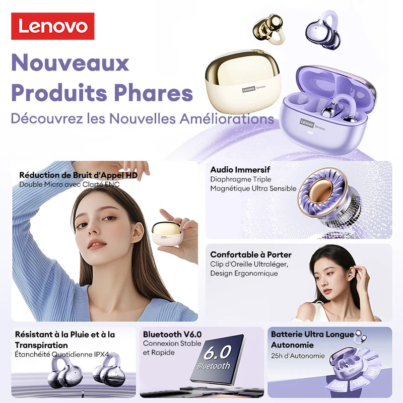 Auscultadores Bluetooth sem fios Lenovo LE302 6.0 com longa autonomia, auriculares desportivos com clip de orelha, som estéreo HIFI e cancelamento de ruído