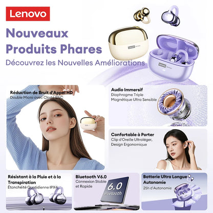 Auscultadores Bluetooth sem fios Lenovo LE302 6.0 com longa autonomia, auriculares desportivos com clip de orelha, som estéreo HIFI e cancelamento de ruído