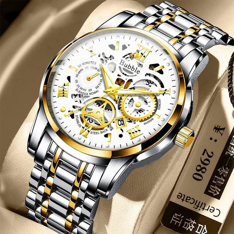 UTHAI men’s watch – A trendy, high-end model offering ‘accessible luxury’ and versatility; a water-resistant quartz watch featuring an openwork dial with Roman numerals.