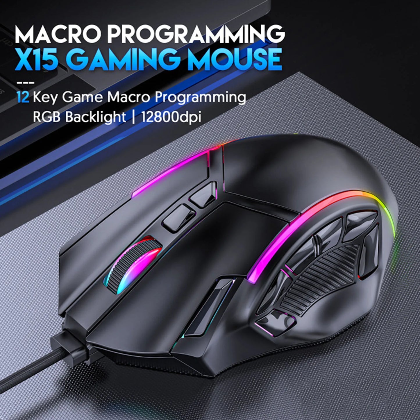 Mouse da gaming RGB cablato 12800DPI, 12 tasti, definizione macro, accessori di ricambio per computer, funzionamento fotoelettrico