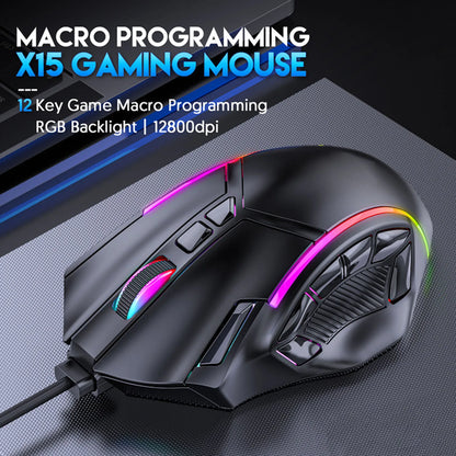 Mouse da gaming RGB cablato 12800DPI, 12 tasti, definizione macro, accessori di ricambio per computer, funzionamento fotoelettrico