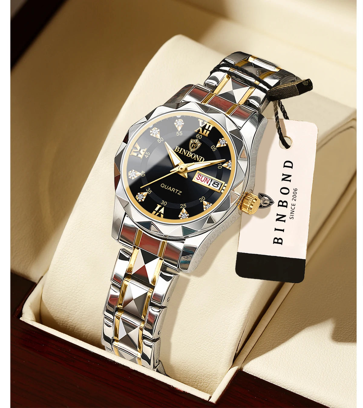 BINBOND ladies’ watch: a robust, luxurious, luminescent and water-resistant quartz watch, featuring an accurate date and day-of-the-week display.
