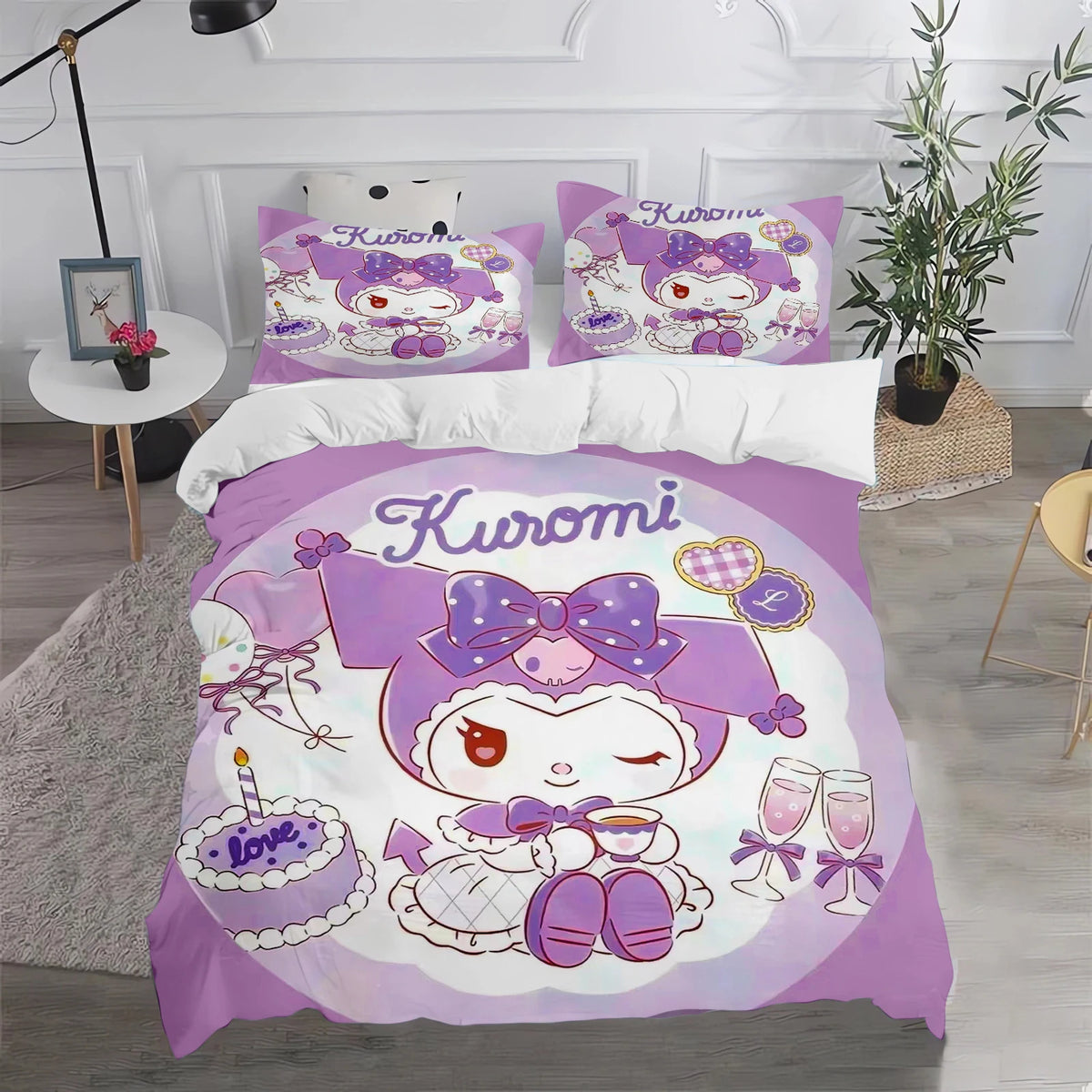 Ensemble de literie Kuromi : housse de couette et taie d'oreiller mignonnes, pour chambre d'enfant (garçon ou fille), décoration de chambre, cadeau pour enfants, taille simple, double ou grande