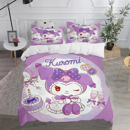Ensemble de literie Kuromi : housse de couette et taie d'oreiller mignonnes, pour chambre d'enfant (garçon ou fille), décoration de chambre, cadeau pour enfants, taille simple, double ou grande