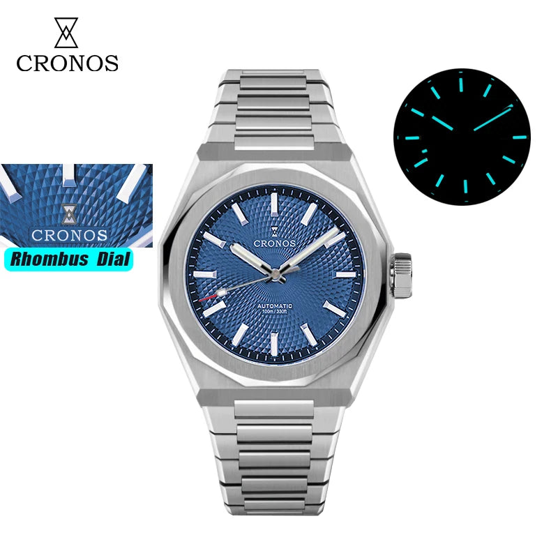Cronos New Rhombus Perlage 39mm Dial PT5004 Miyota 90S5 See-through Caseback Men Automatic Wristwatches 10ATM Lumious