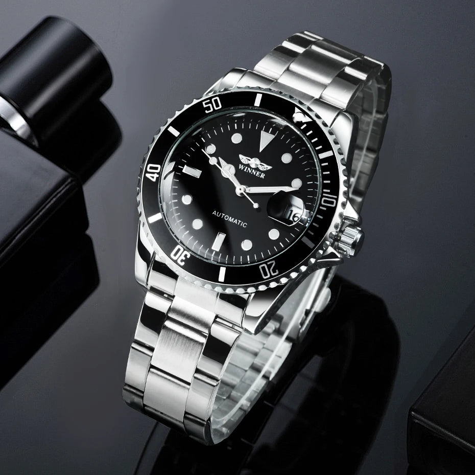 Relógio mecânico clássico para homem – Marca de luxo, estilo profissional, movimento automático, luneta rotativa, mostrador luminescente, bracelete em aço