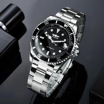 Relógio mecânico clássico para homem – Marca de luxo, estilo profissional, movimento automático, luneta rotativa, mostrador luminescente, bracelete em aço