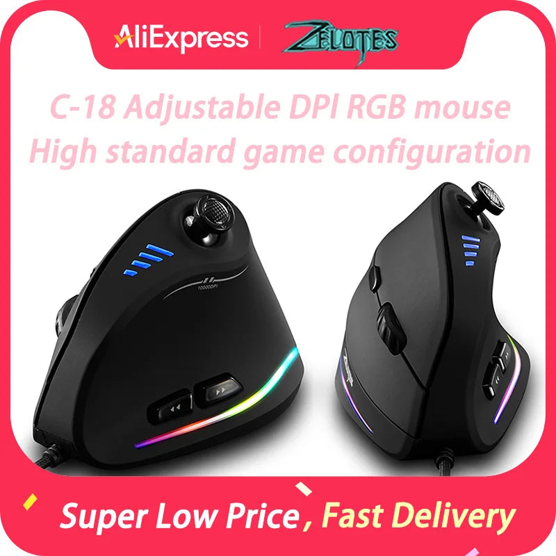 Mouse verticale ZELOTES C-18, mouse ottico RGB a 11 tasti con joystick, mouse gaming laser programmabile per PC e gamer