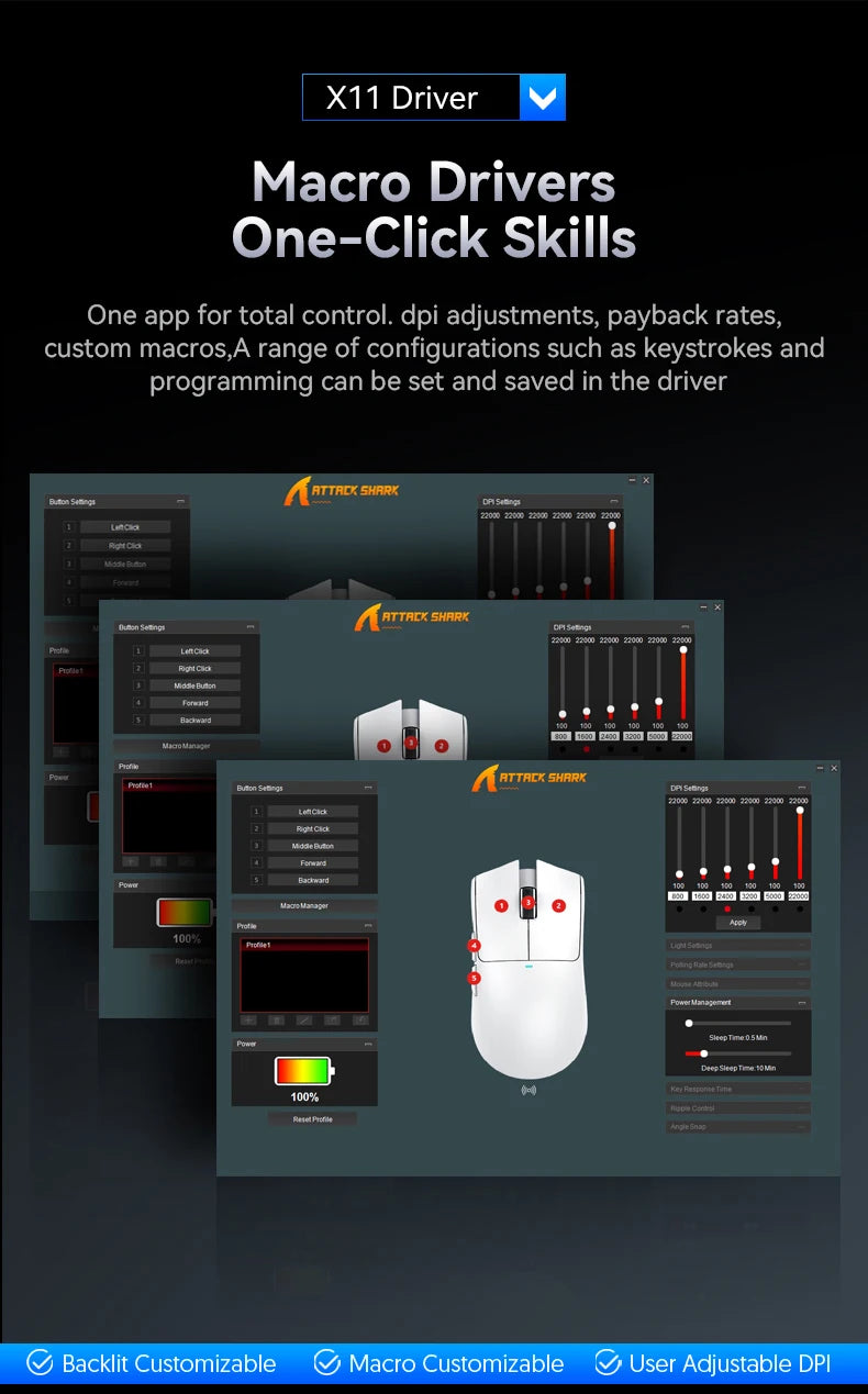 Ratón gaming inalámbrico ATTACK SHARK X11SE, trimodo, superligero de 63g con sensor PAW3311, 22000 DPI, batería de 300mAh, controlador dual