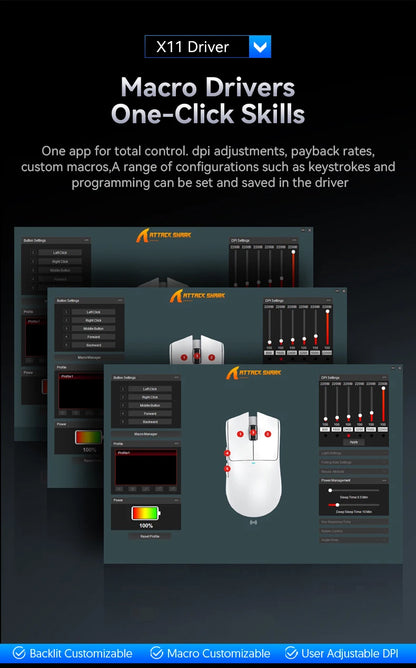Ratón gaming inalámbrico ATTACK SHARK X11SE, trimodo, superligero de 63g con sensor PAW3311, 22000 DPI, batería de 300mAh, controlador dual