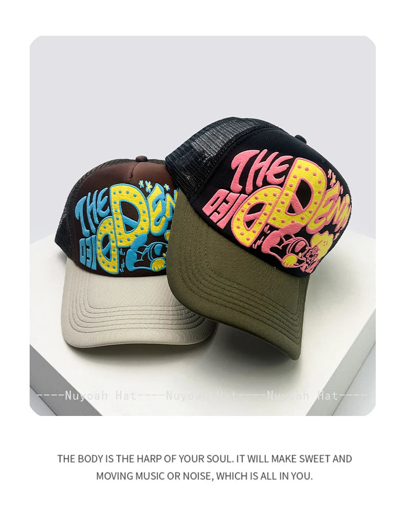 Casquettes de baseball unisexes originales imprimées en 3D avec lettres, casquettes de camionneur respirantes à motifs colorés et à visière pare-soleil, en maille polyvalente