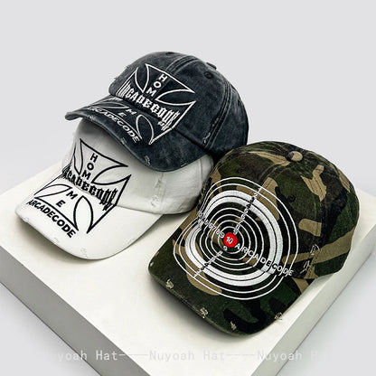 Unisex-baseballkasketter i brudt stil med broderet bull's-eye-kors, solskærm, personlige og alsidige kasketter med skygge, street fashion, hiphop