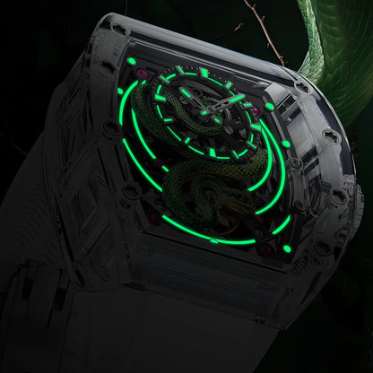 BONEST GATTI Men Mechanical Watch Sapphire Crystal Double Sided Hollow Out Luminous 30M Waterproof Snake Pattern Dial Wristwatch
