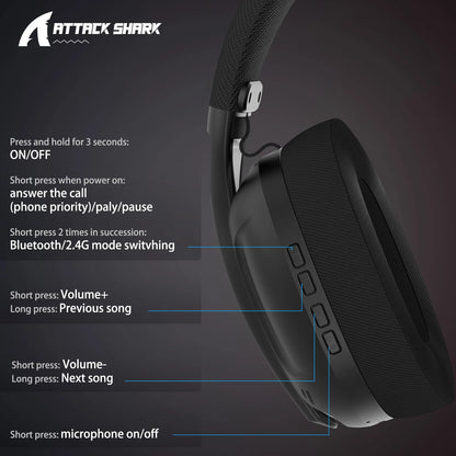 Headset Gaming ATTACK SHARK L80 Ultra-Leve 180g – Sem Fios Tri-Mode (Bluetooth 5.3 / 2.4G / Com Fio), Som Surround 5.1, Drivers de 40mm, Microfone Removível